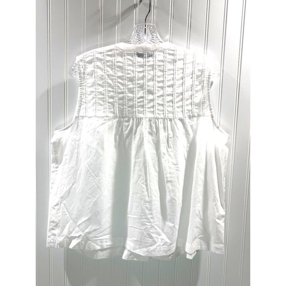 White Pintuck Sleeveless Cotton Blouse Boho Cottagecore Relaxed Fit M - Picture 4 of 7